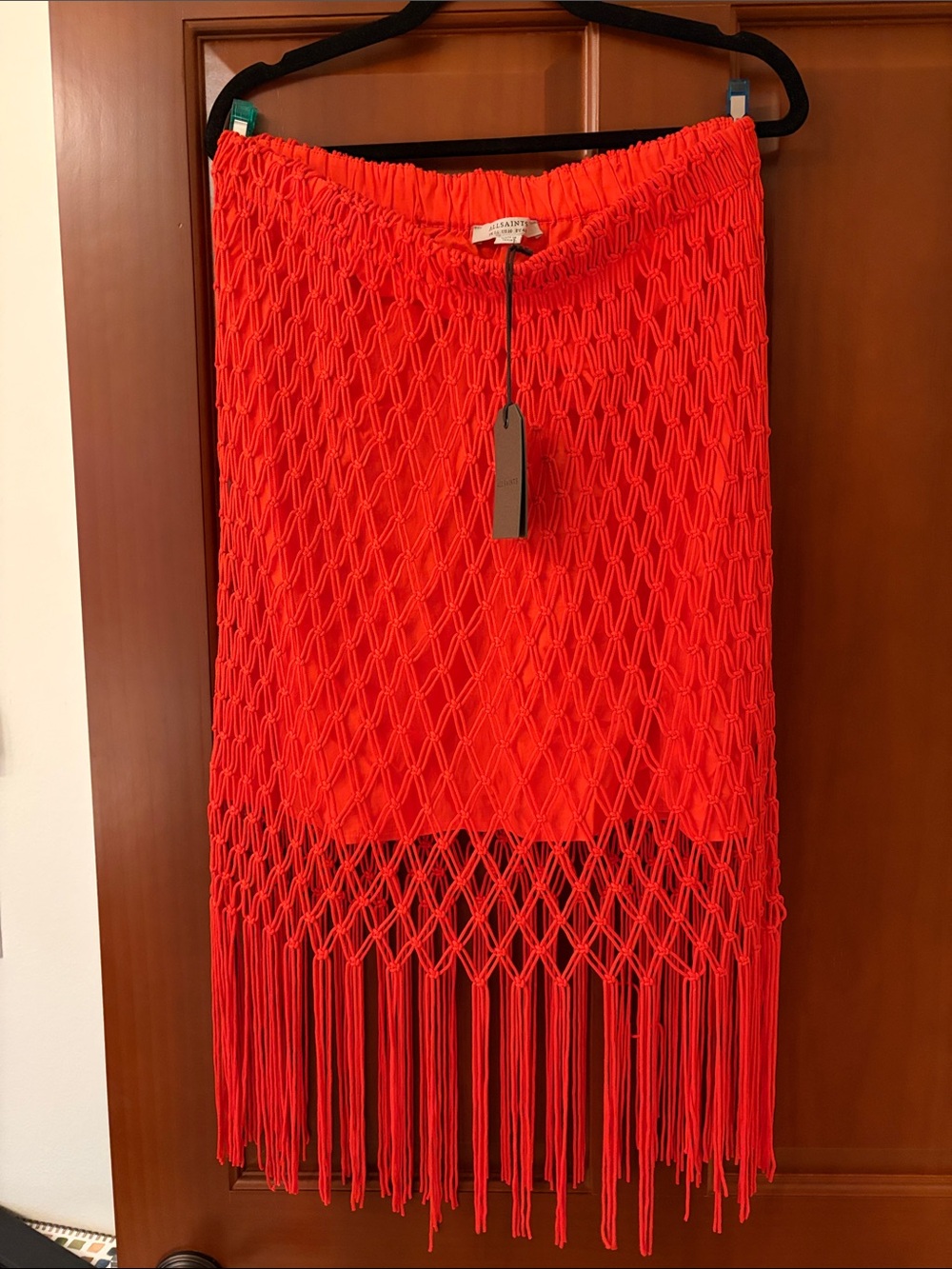 AllSaints Red Macramé Fringe Midi Skirt